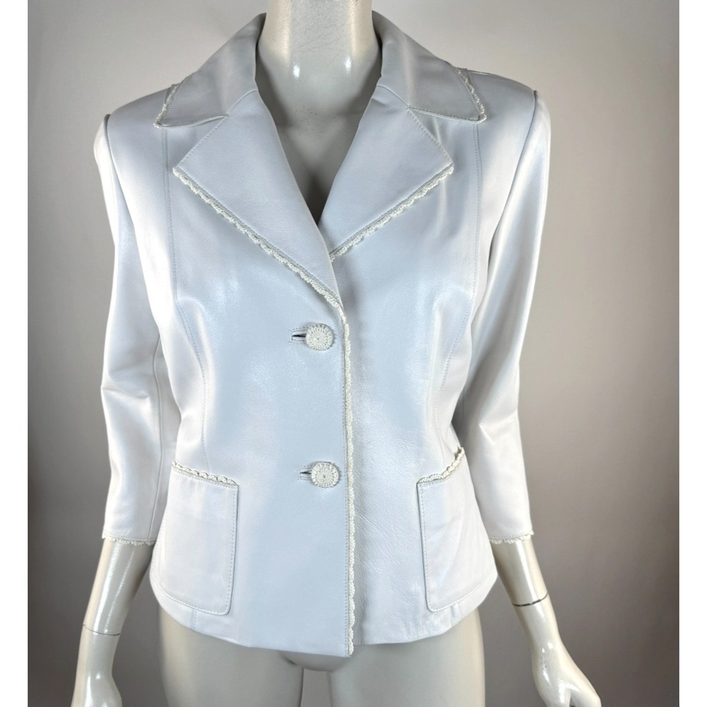 Doncaster Leather Blazer Women 10 NWT 3/4 Sleeve Lined Crochet Trim Button-up